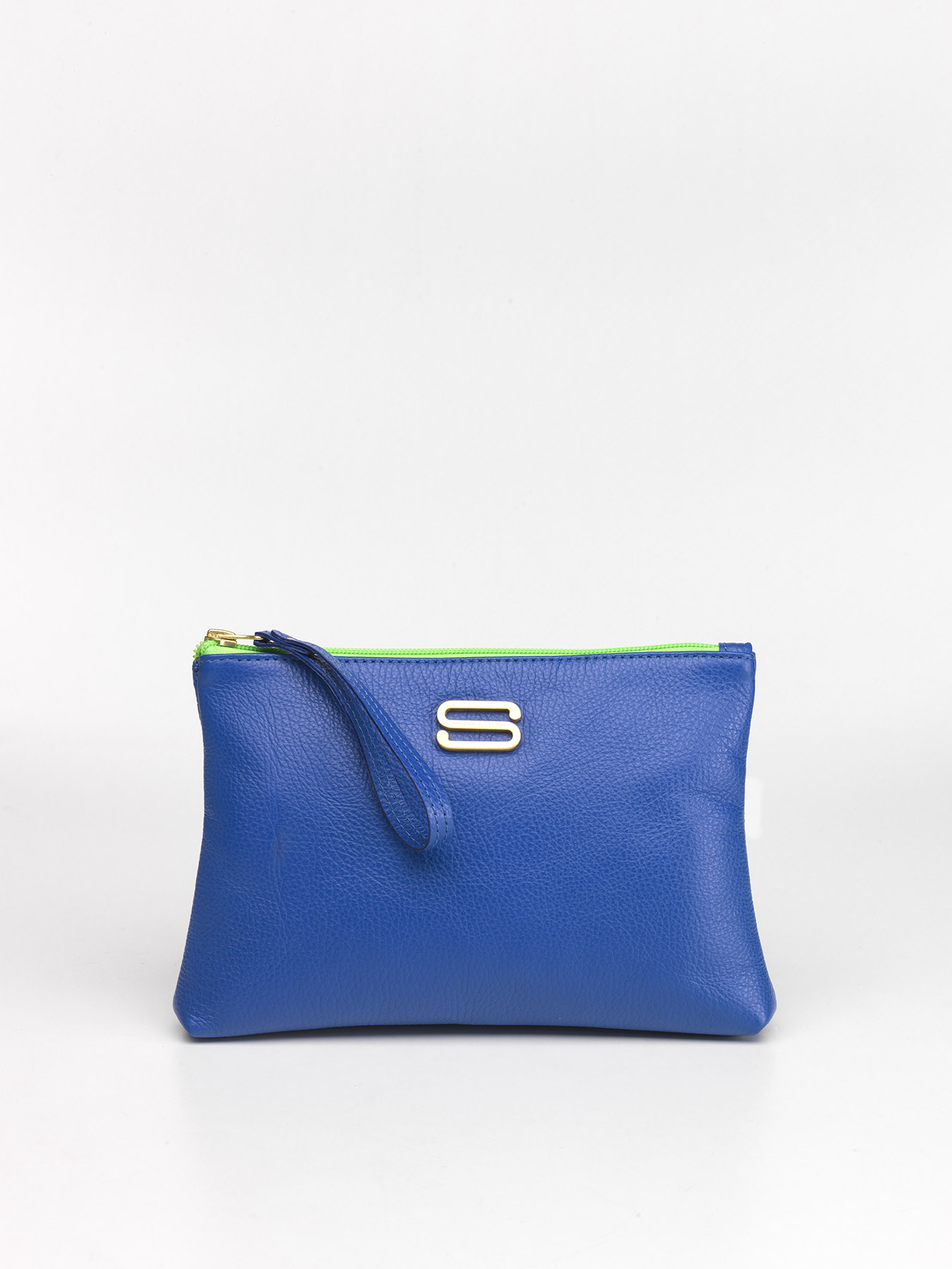Pochette bluette con zip verde fluorescente